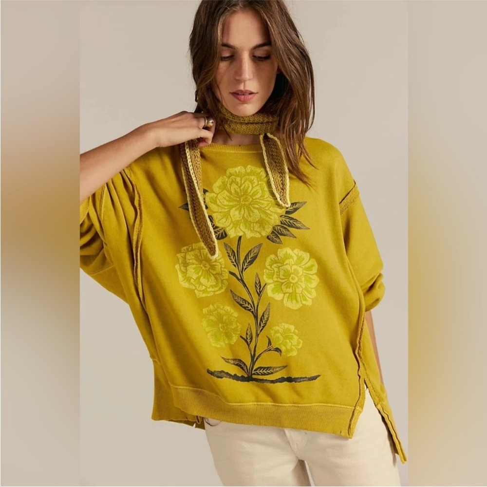 Free People Mustard Yellow Floral Hoodie